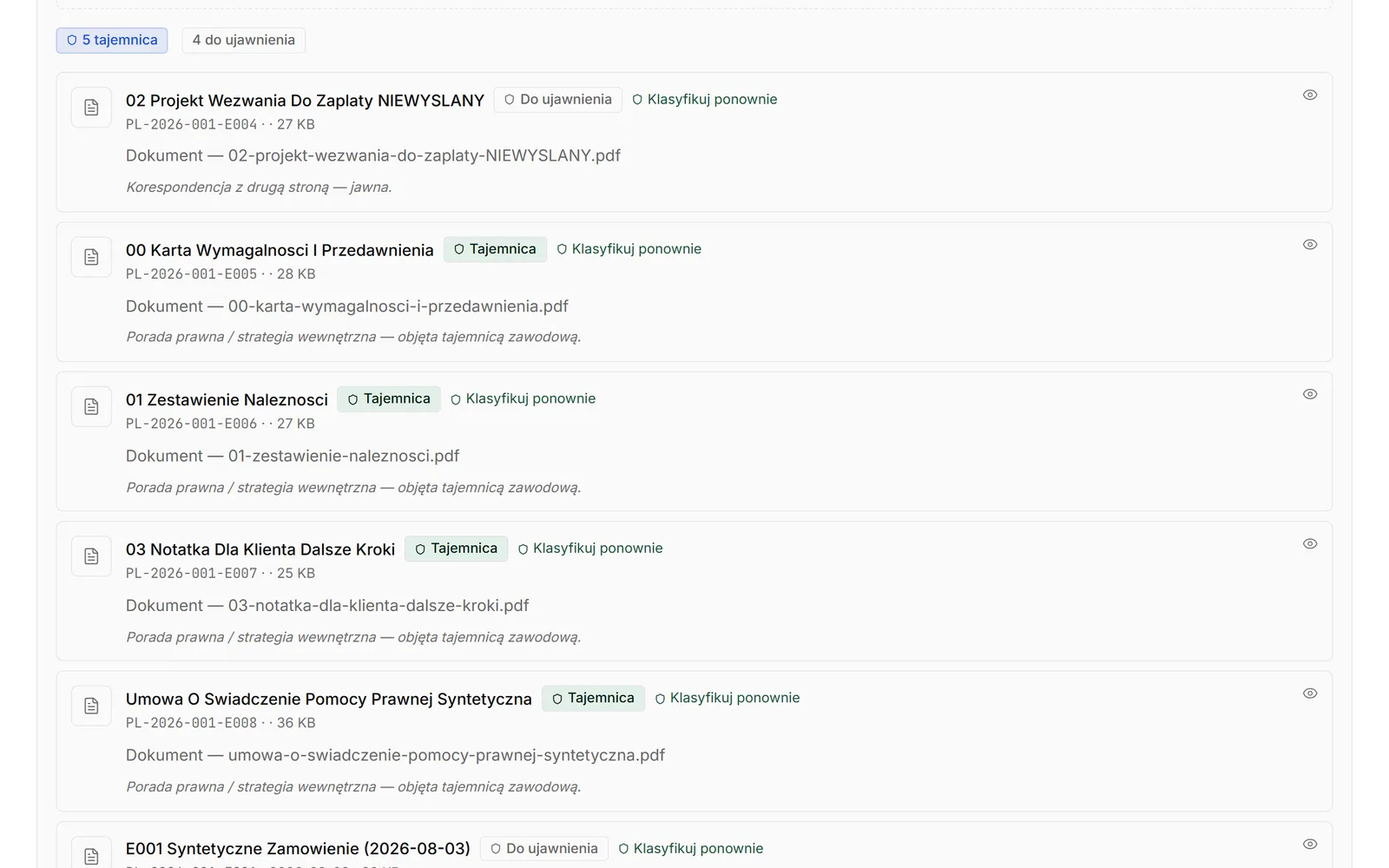 Wykaz dowodów w sprawie. Każdy dokument jest oznaczony jako tajemnica, mieszane albo do ujawnienia i ma przycisk „Klasyfikuj ponownie”